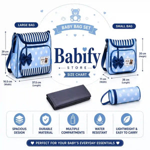 Blue 4-piece diaper bag set infographic showing bags, changing mat and product features