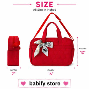 Quilted baby diaper bag size details with bow design and shoulder strap
