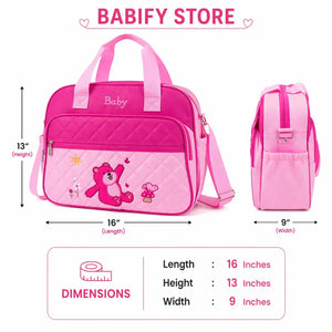 Baby Diaper Bag Size Guide Showing 15 Inch Length 12 Inch Height and 7 Inch Width