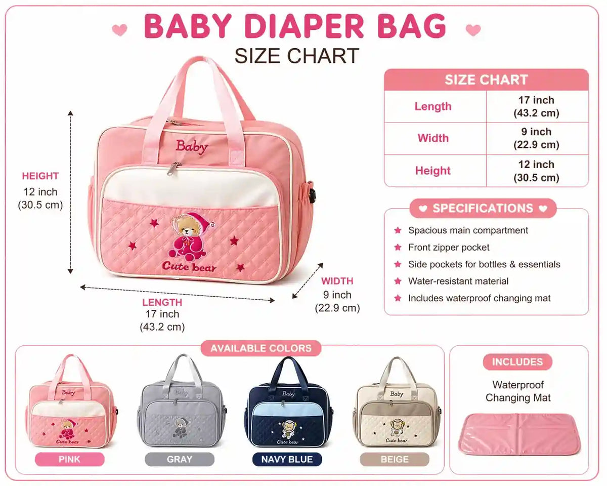 Baby Diaper Bag Size and Features Showing 17 Inch Length 9 Inch Width 12 Inch Height and Changing Mat