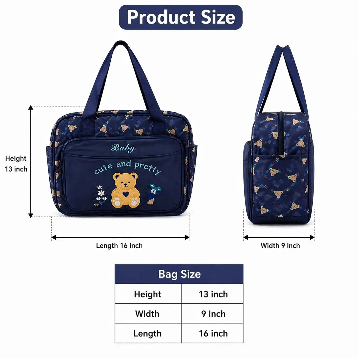 Navy blue teddy baby diaper bag front and back view for travel use