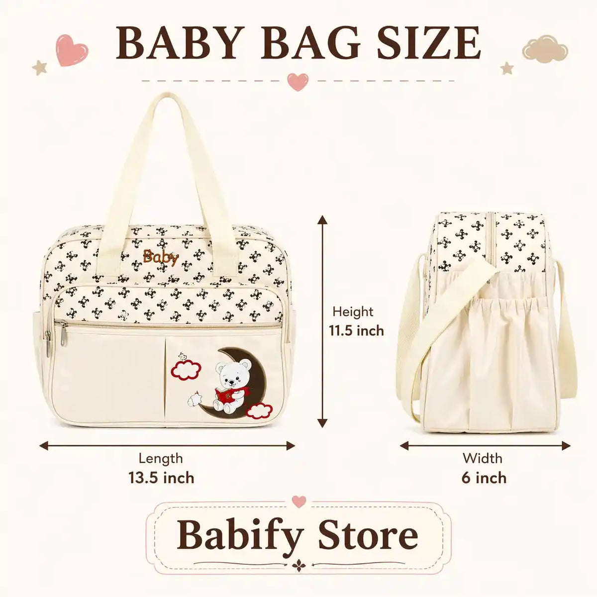Baby diaper bag size details with matching changing sheet