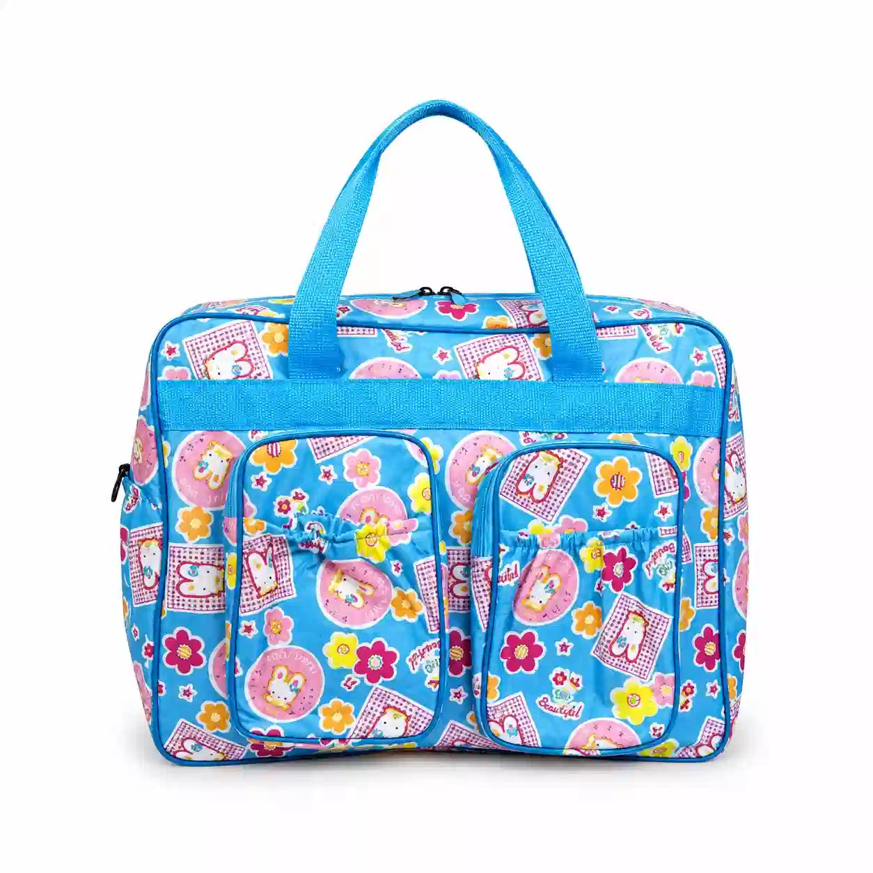 Blue bear print baby diaper bag with front storage pockets for baby essentials