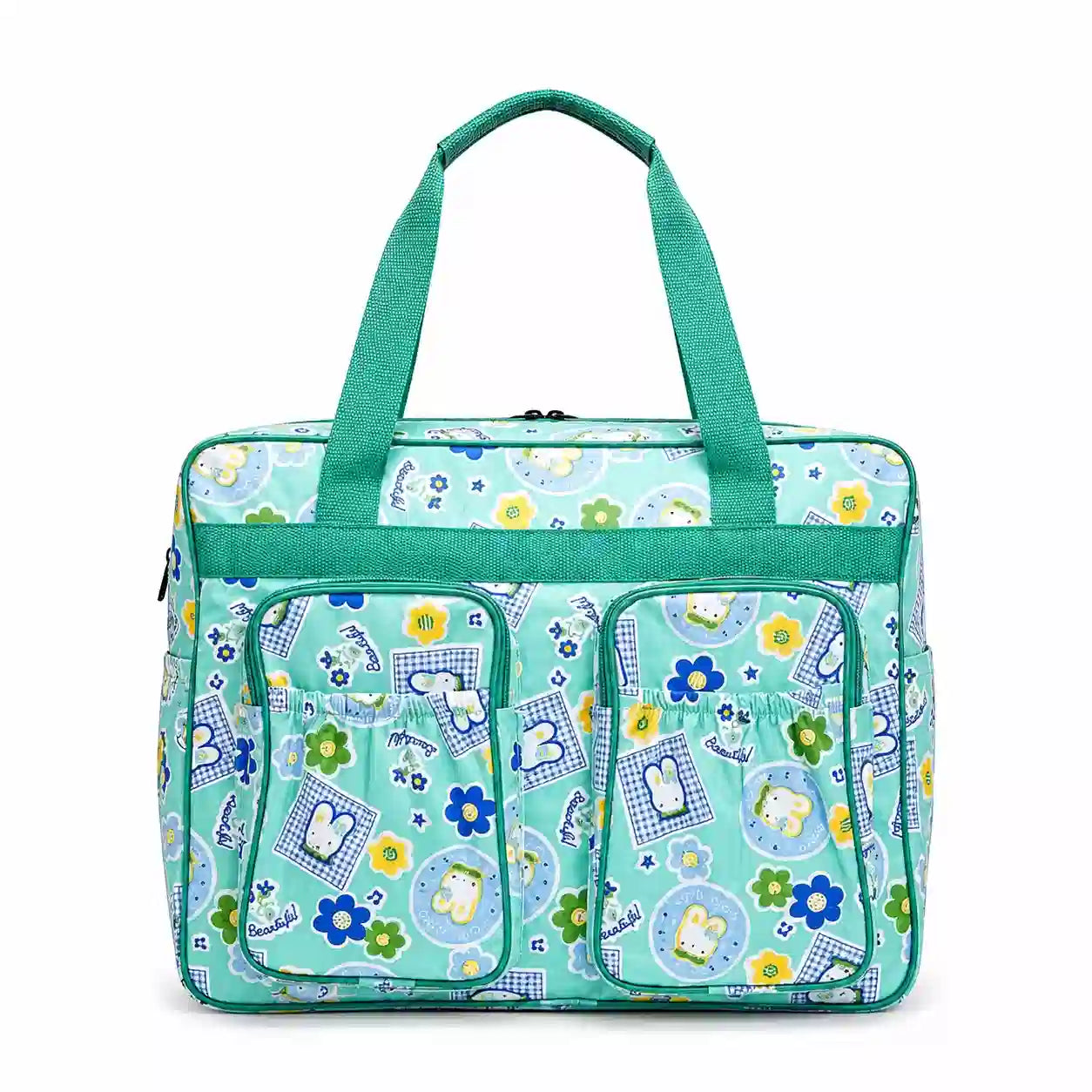 Green bear print baby diaper bag with spacious main compartment