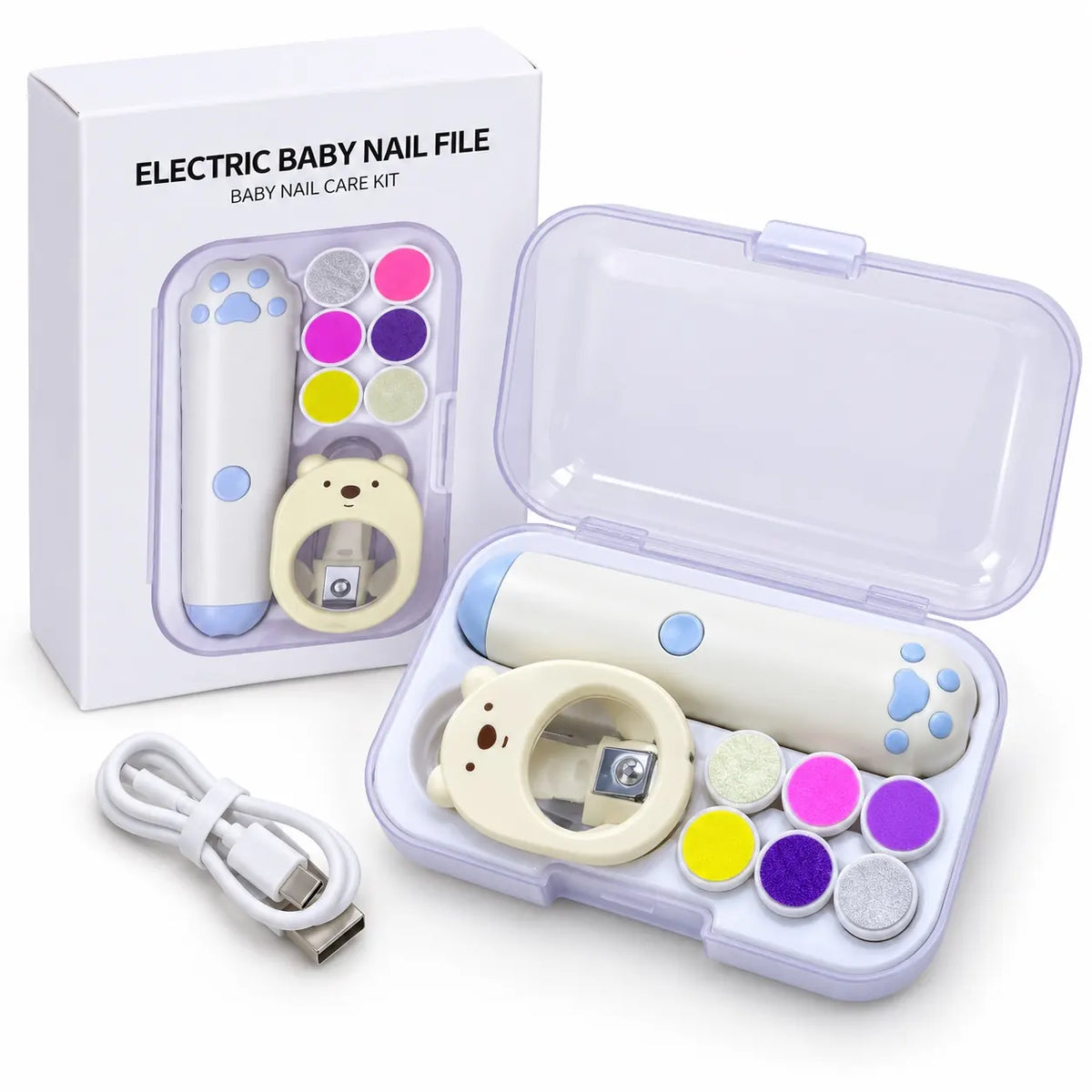 Electric Baby Nail File Set with 6 Grinding Heads Magnifying Nail Clipper and Storage Case