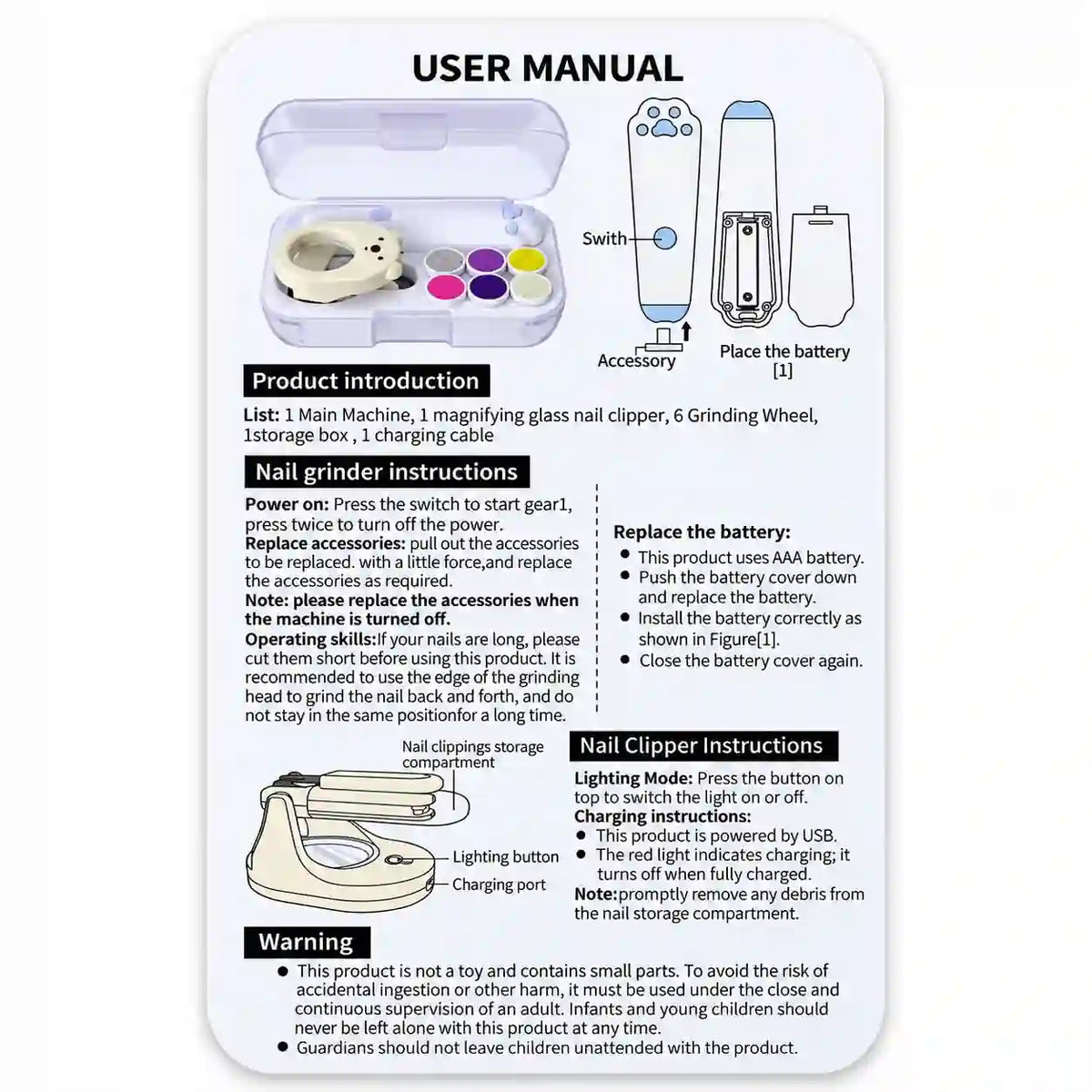 Electric Baby Nail File User Manual with Magnifying Light Nail Clipper and 6 Grinding Heads