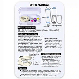 Electric Baby Nail File User Manual with Magnifying Light Nail Clipper and 6 Grinding Heads