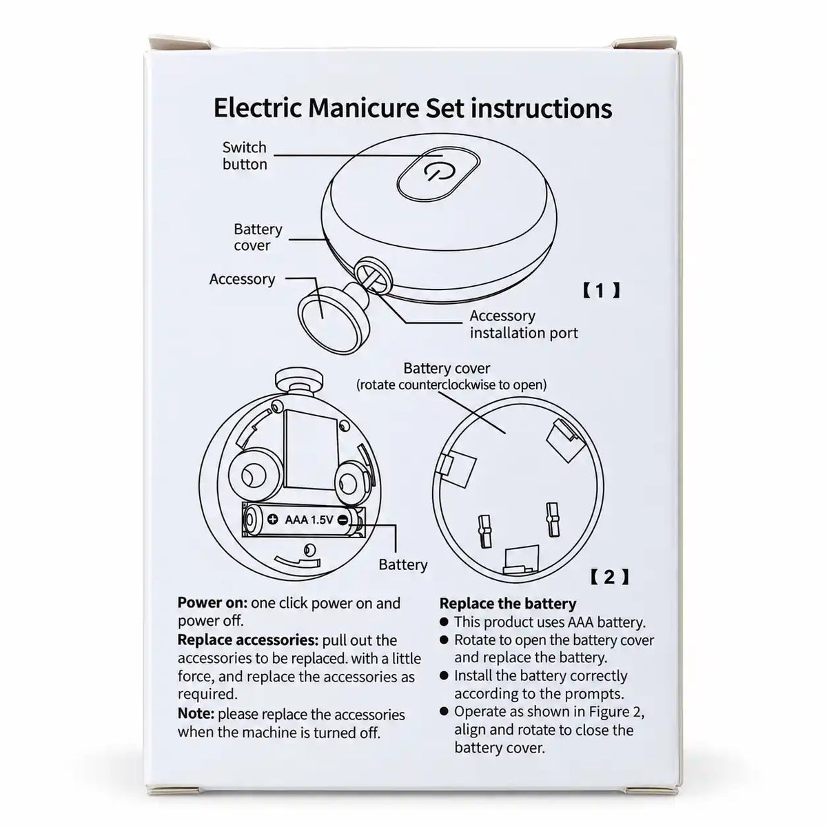 Electric Baby Nail Trimmer Instructions with AAA Battery and Accessory Installation