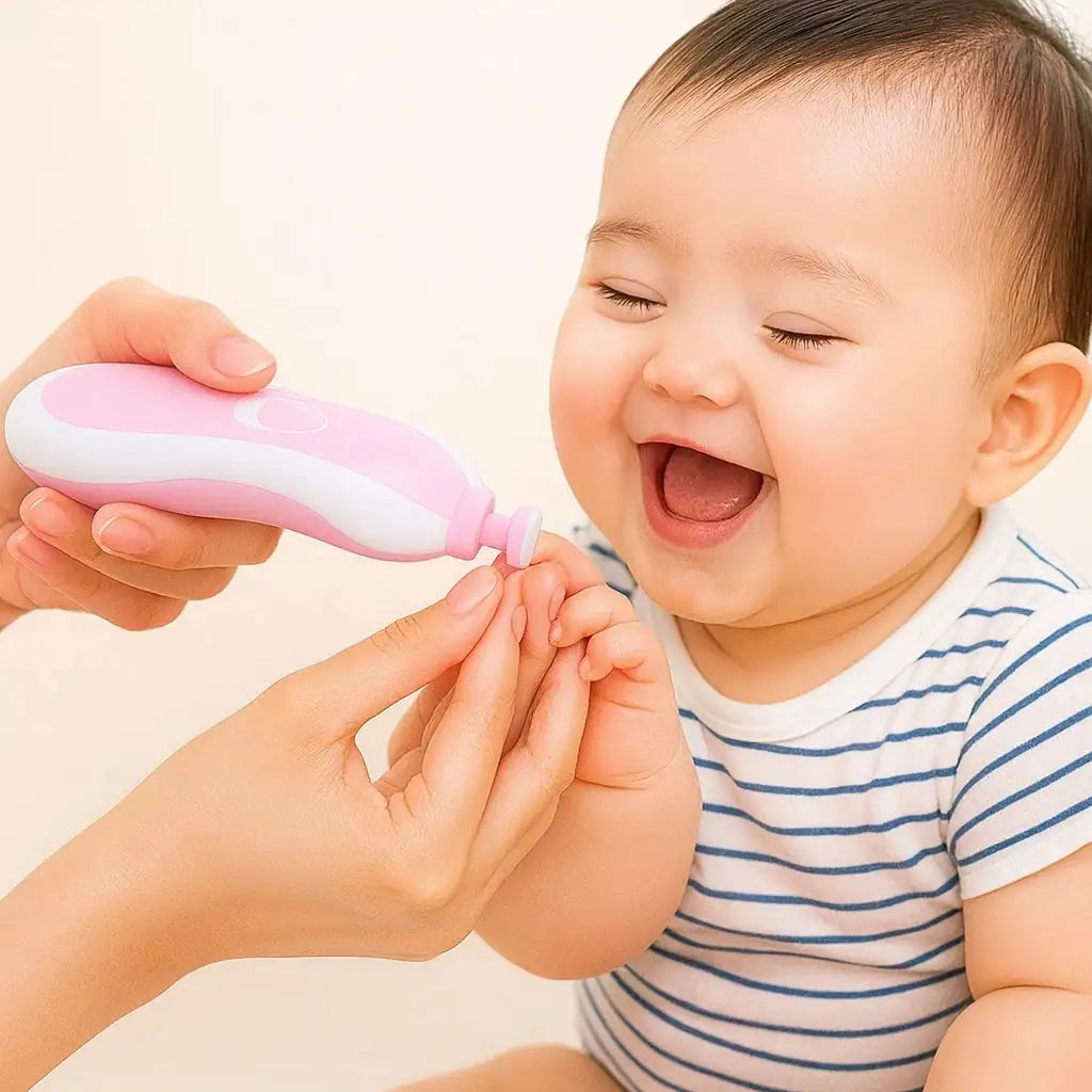 Pink baby electric nail trimmer safely trimming baby fingernails