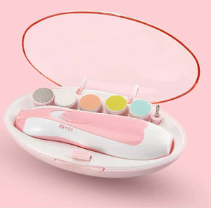 Pink baby electric nail trimmer kit with grinding heads and storage case