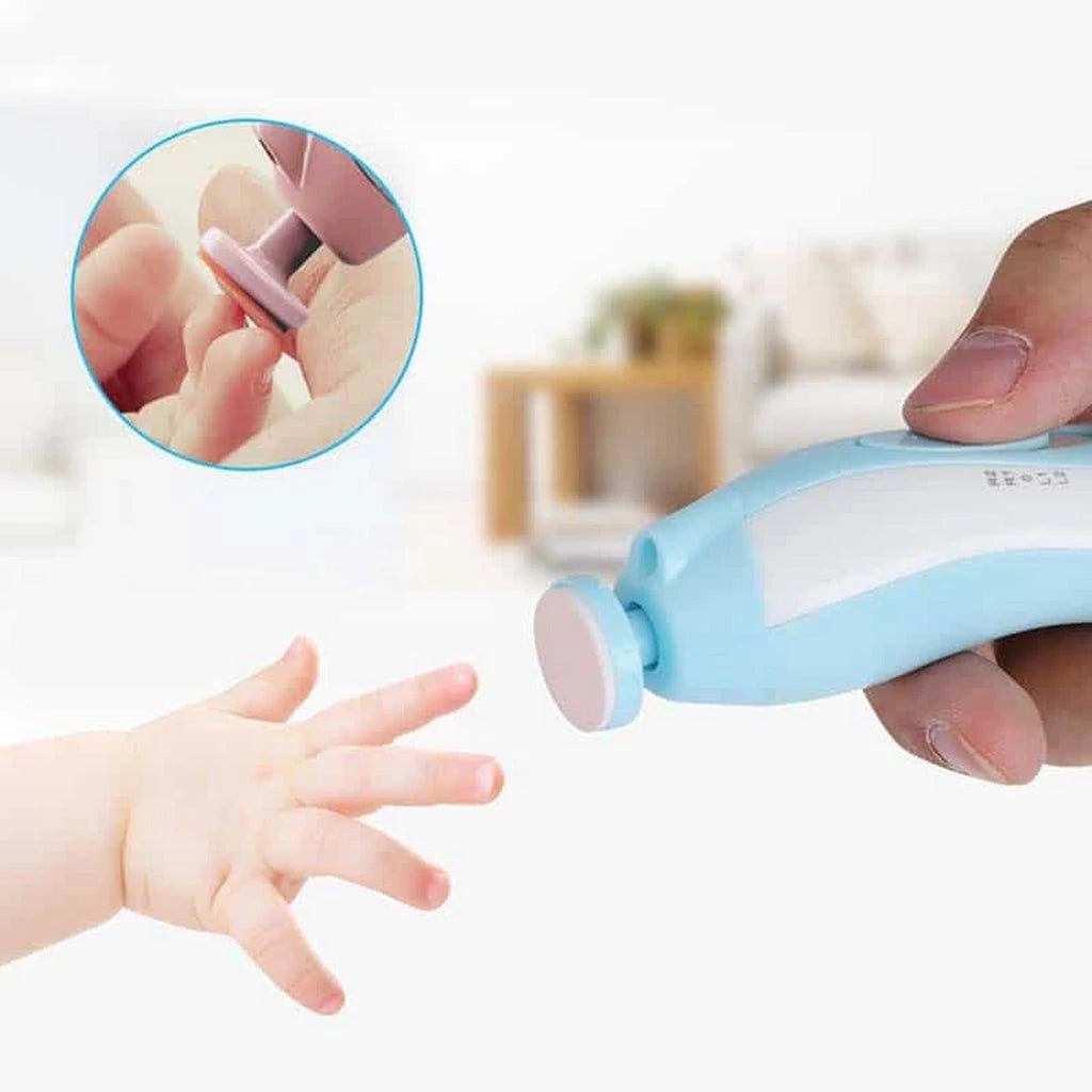 Baby electric nail trimmer close-up showing safe fingernail filing