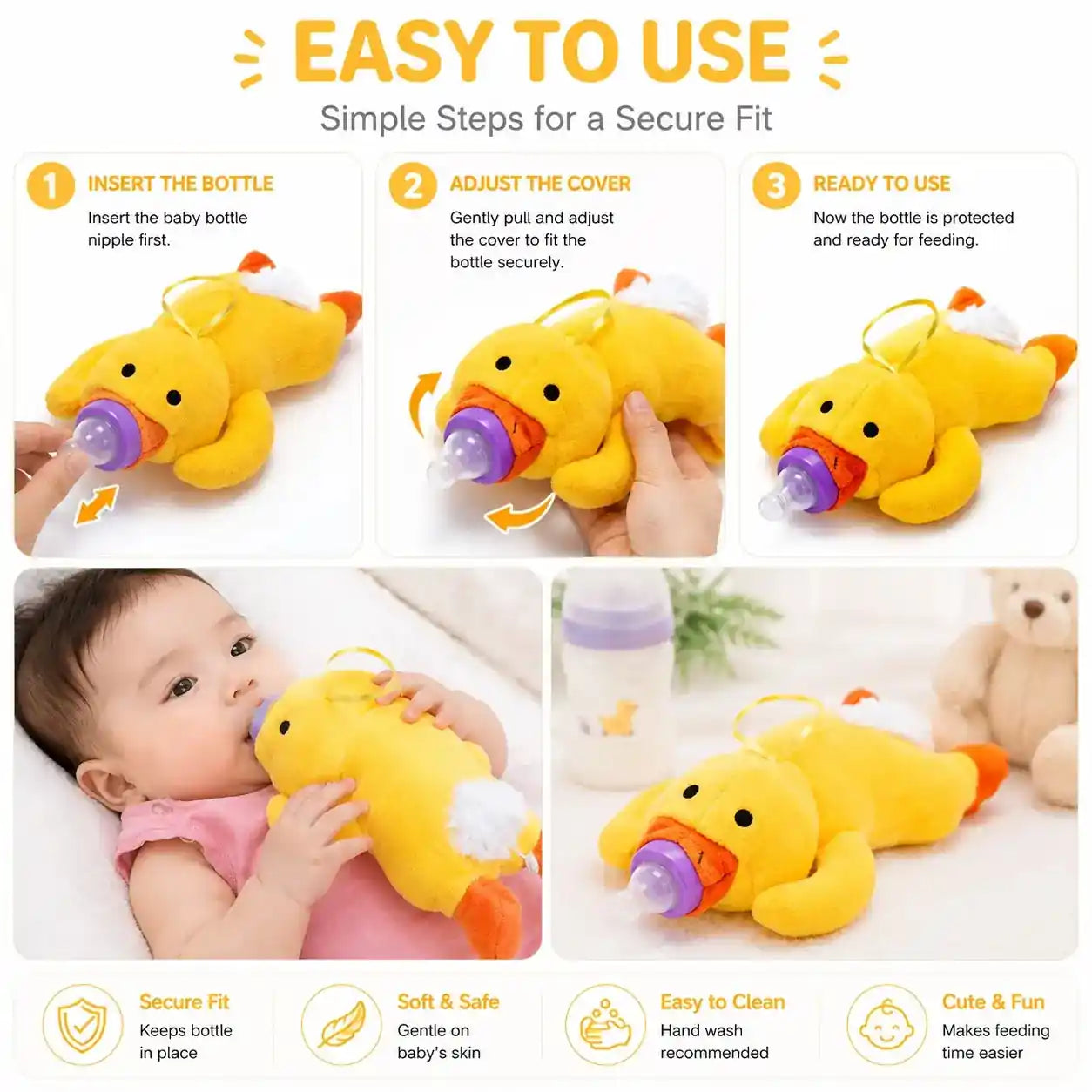 Yellow duck baby feeder bottle cover easy to use guide showing bottle insertion, secure fit and feeding use