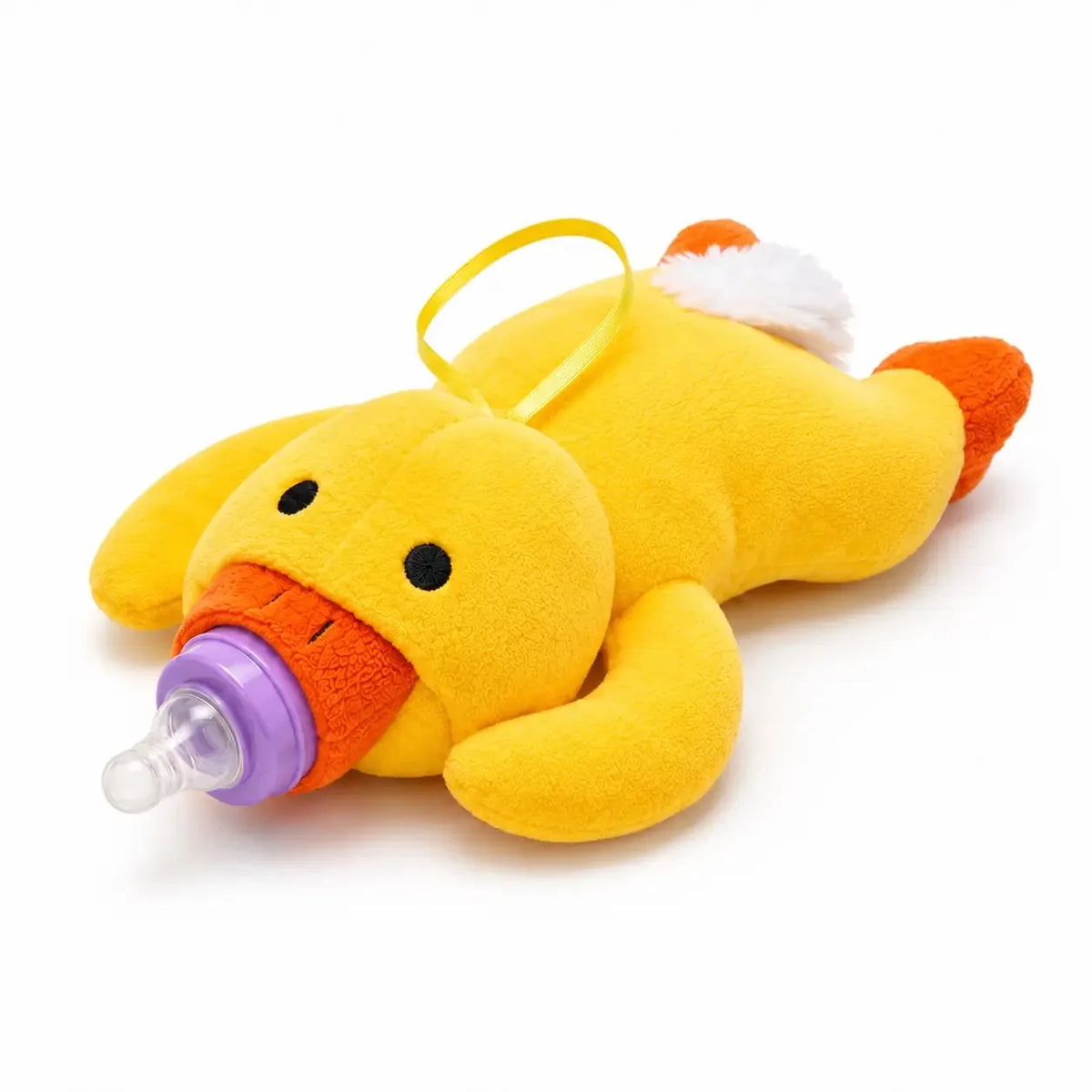 Yellow duck plush baby feeder bottle cover with soft padded body and carry loop