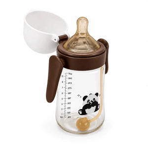 Open 300ml PPSU baby feeding bottle with brown handles, silicone nipple and straw