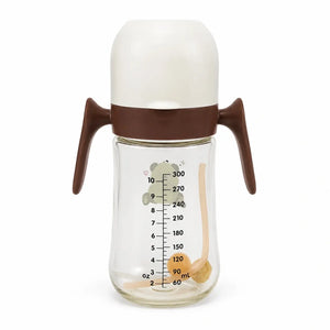 Brown and white 300ml baby feeding bottle with dual handles and dust cover