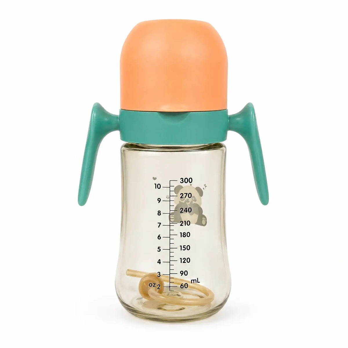 Green and orange PPSU baby feeding bottle with handles, straw and measurement scale
