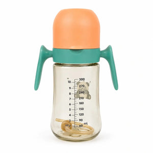 Green and orange PPSU baby feeding bottle with handles, straw and measurement scale