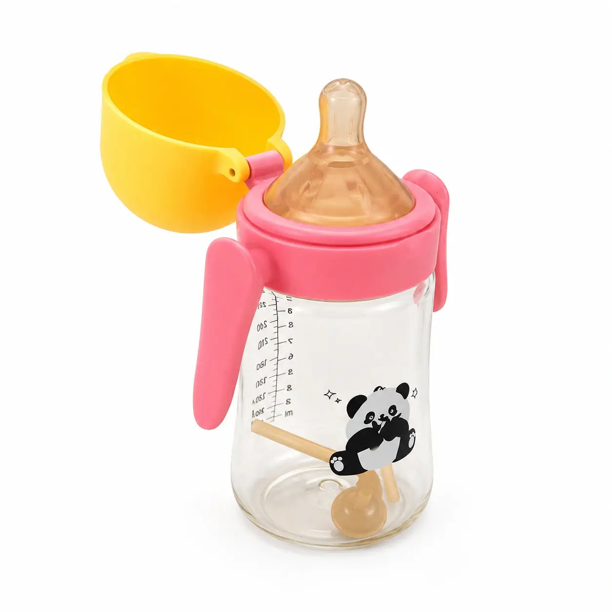 Open pink and yellow baby feeding bottle with silicone nipple, handles and panda print