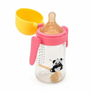 Open pink and yellow baby feeding bottle with silicone nipple, handles and panda print