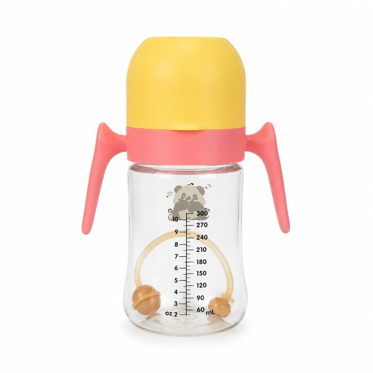 Pink and yellow 300ml PPSU feeding bottle with dual handles and silicone straw