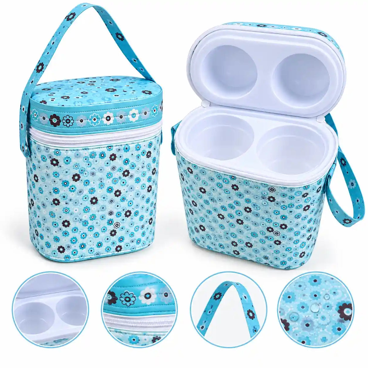 Baby feeding bottle storage carry case blue floral design open and closed view