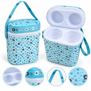 Baby feeding bottle storage carry case blue floral design open and closed view