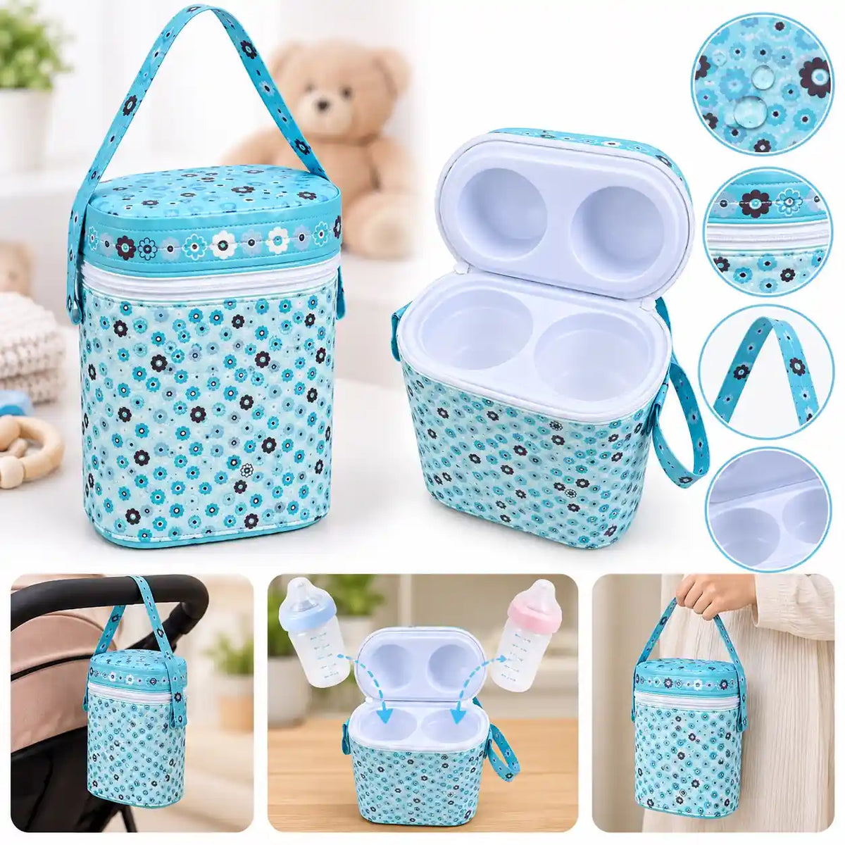 Blue floral baby bottle carry case for stroller travel and everyday outings