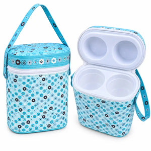 Blue floral baby feeding bottle carry case with dual bottle compartments and handle