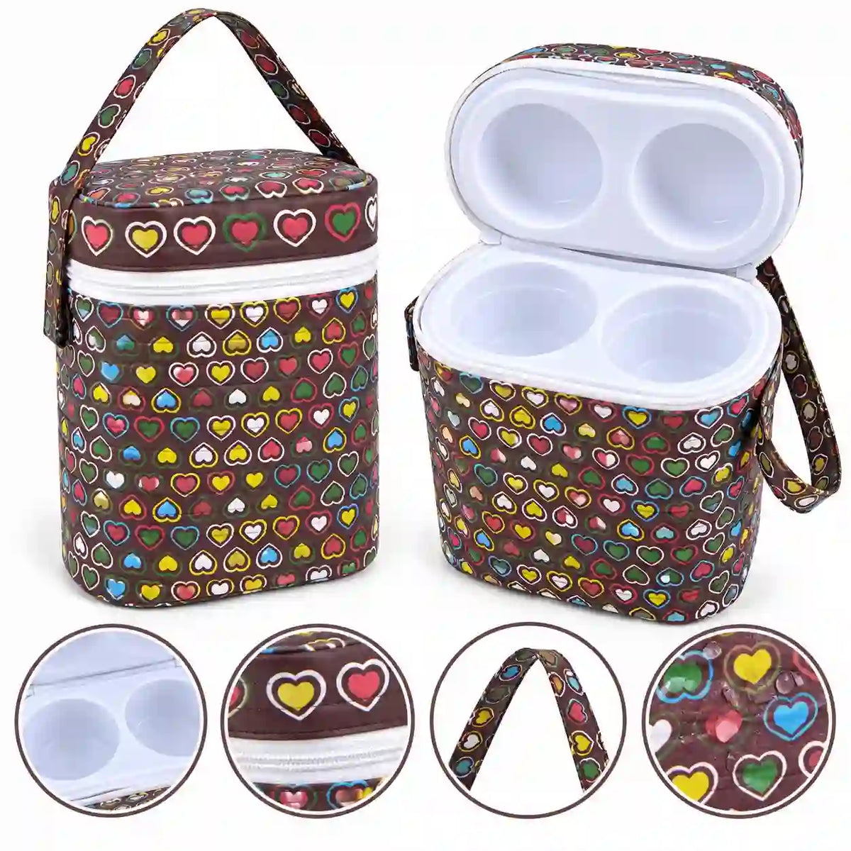 Baby feeding bottle storage carry case in brown multicolor heart design open and closed view