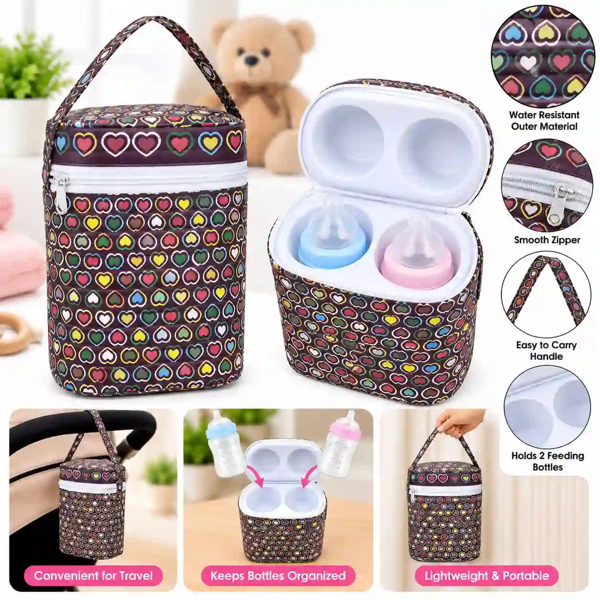 Portable heart print baby feeding bottle carry case for stroller travel and everyday outings