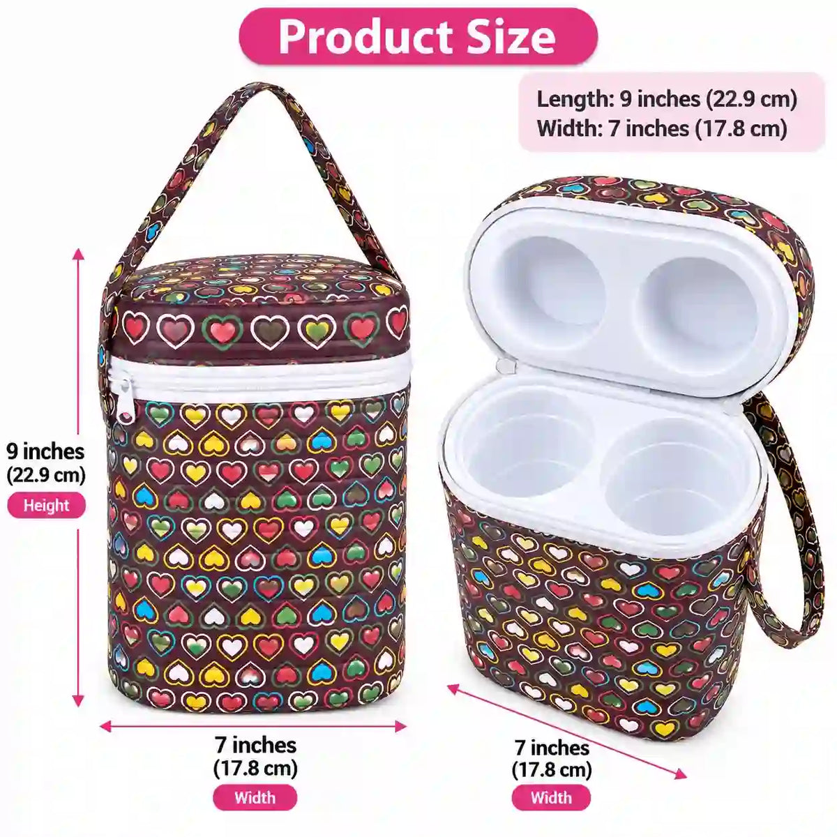 Multicolor heart baby feeding bottle carry case size 9 x 7 inches with two compartments