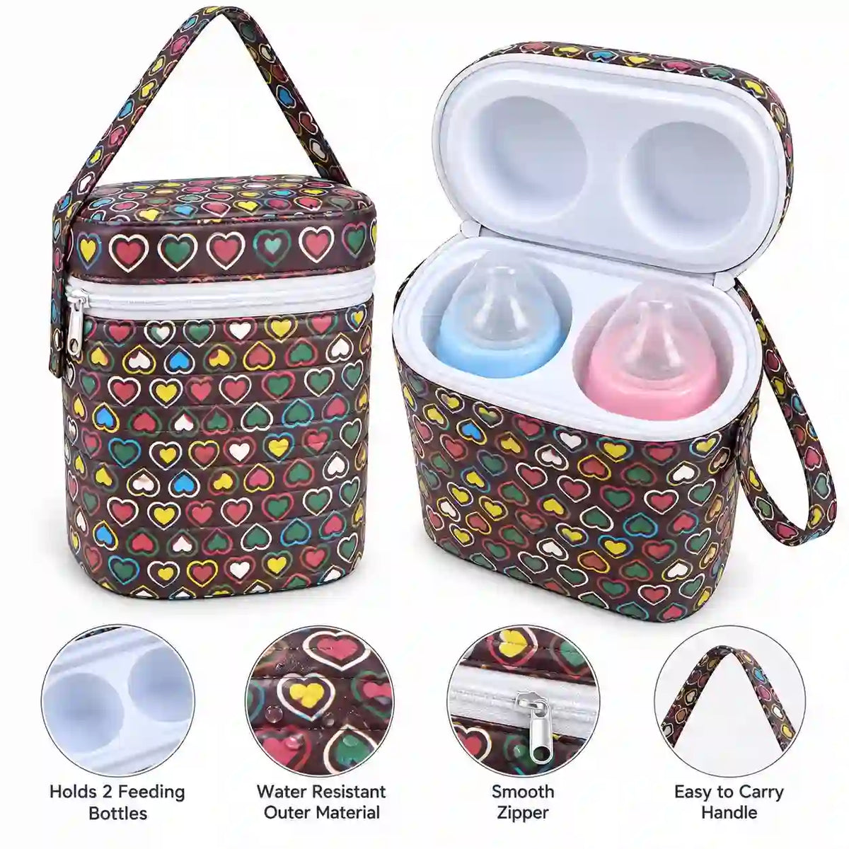 Multicolor heart baby bottle carry case holding two feeding bottles with zipper and handle