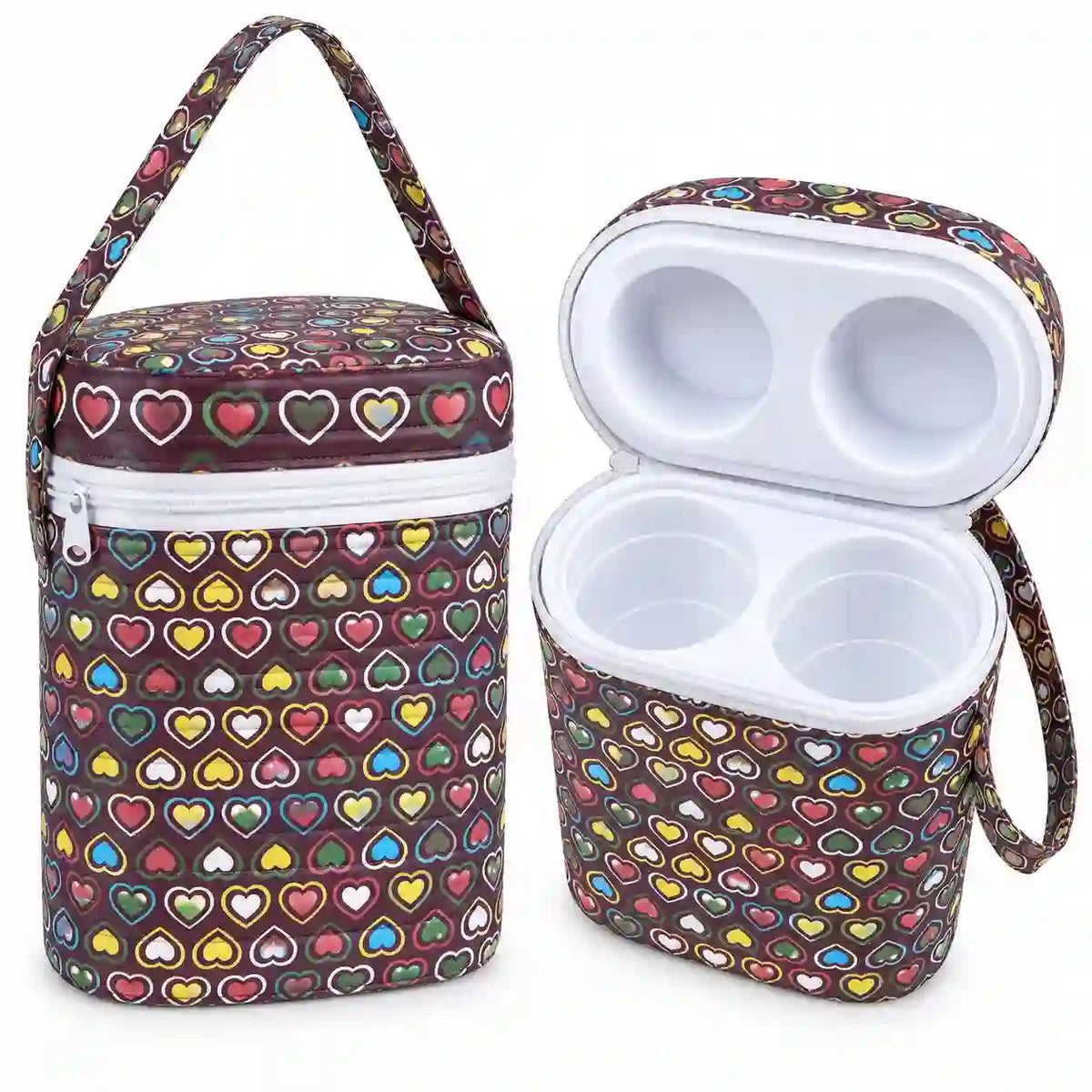 Multicolor heart print baby feeding bottle carry case with dual bottle compartments