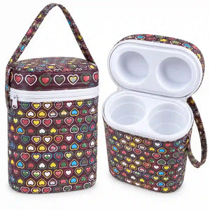 Multicolor heart print baby feeding bottle carry case with dual bottle compartments