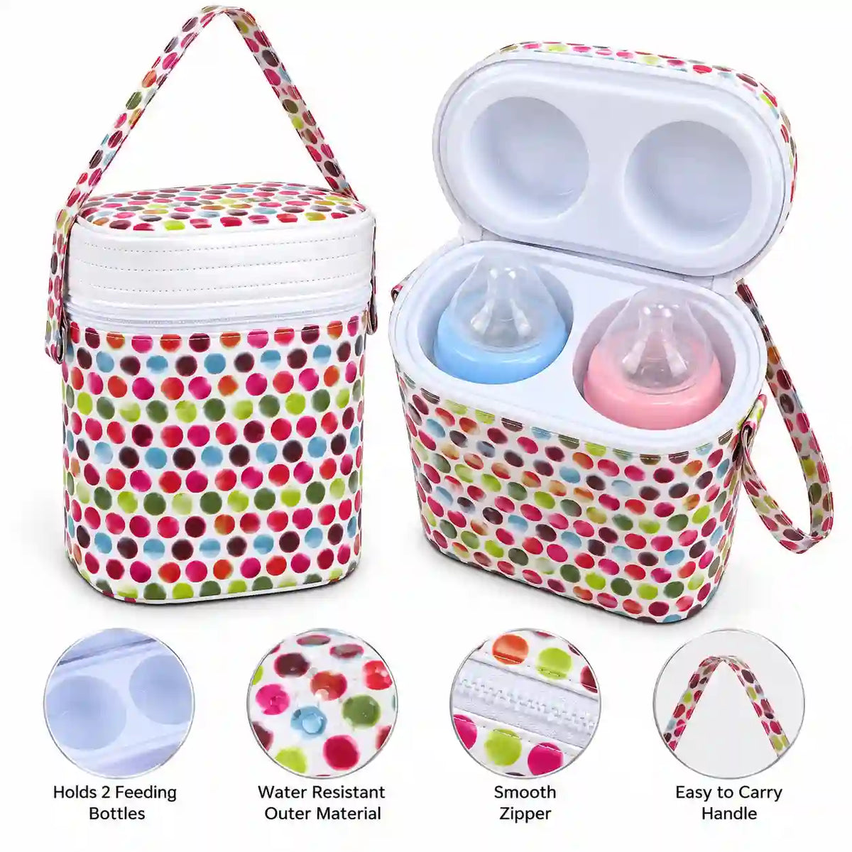 Baby bottle carry case holding two feeding bottles in multicolor dot design