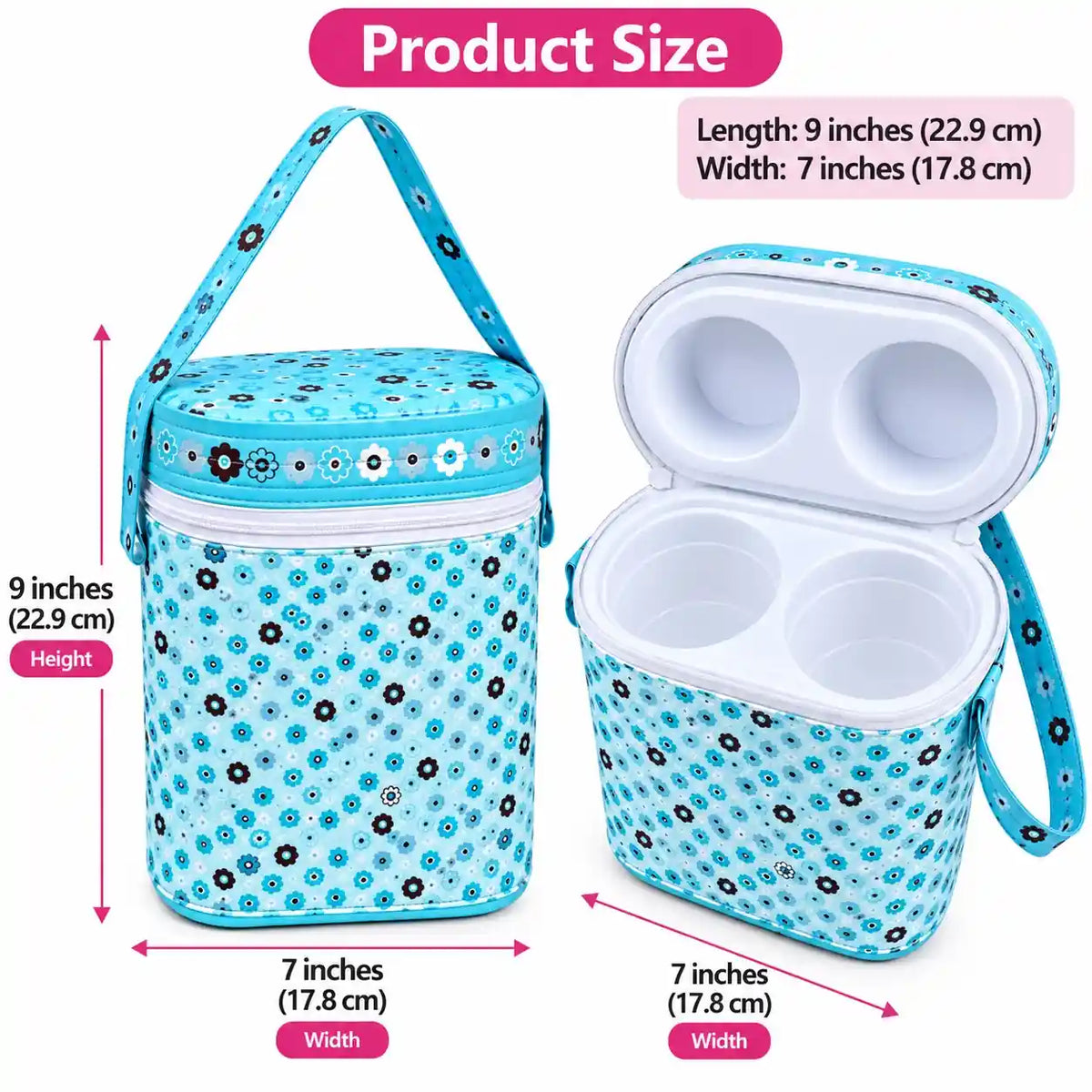 Blue floral baby feeding bottle carry case size 9 x 7 inches with two compartments