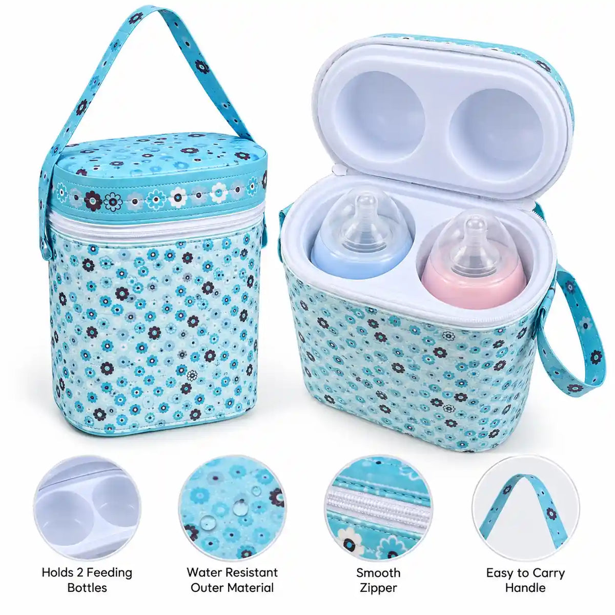 Baby feeding bottle carry case holding two bottles with water-resistant outer material