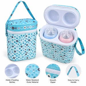 Baby feeding bottle carry case holding two bottles with water-resistant outer material