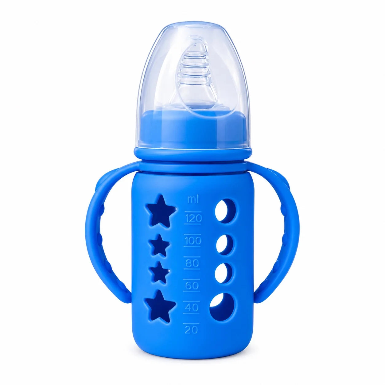 Baby feeding bottle with dual handles and silicone sleeve – Blue