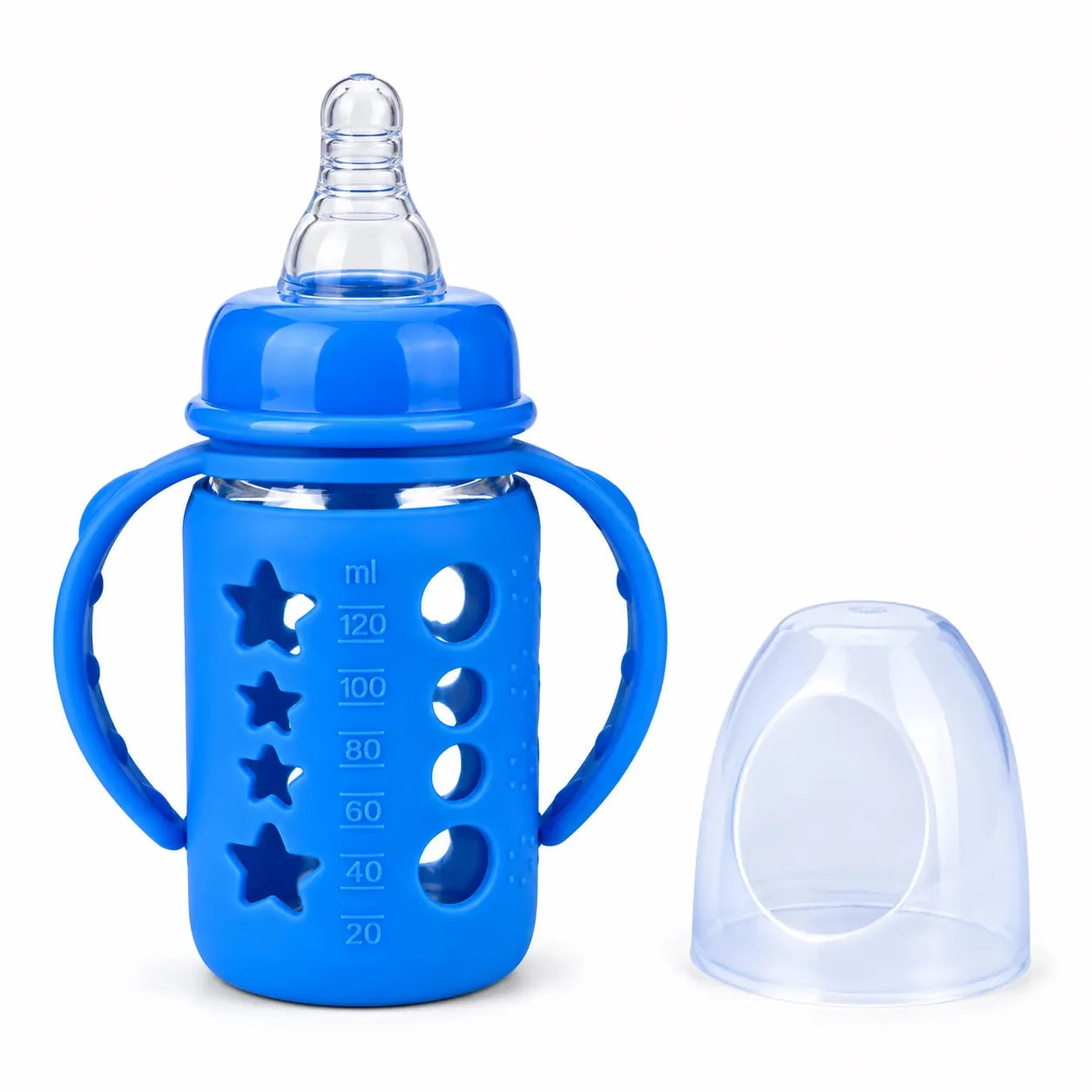 Blue baby feeding bottle with handles, nipple and protective cap