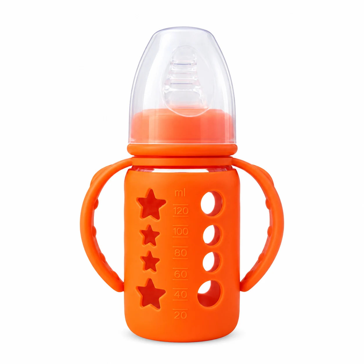 Baby feeding bottle with dual handles and silicone sleeve – Orange