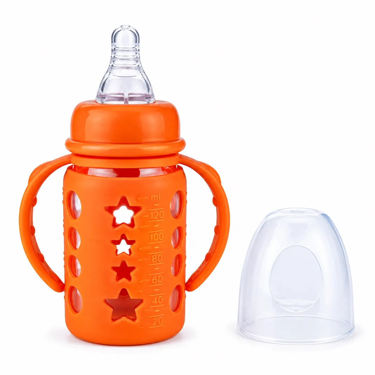 Orange baby feeding bottle with handles, nipple and protective cap