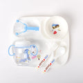6-piece baby feeding set in blue and white with divided plate, bowl, sippy cup, spoon, fork and food feeder