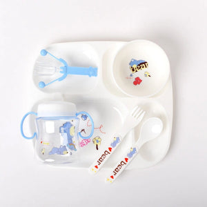 6-piece baby feeding set in blue and white with divided plate, bowl, sippy cup, spoon, fork and food feeder