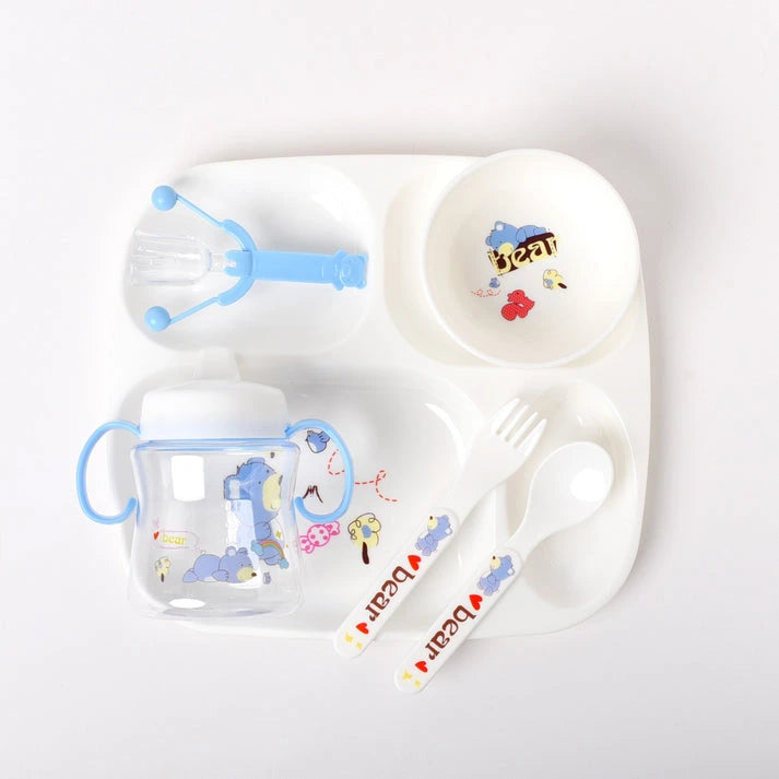 6-piece baby feeding set in blue and white with divided plate, bowl, sippy cup, spoon, fork and food feeder