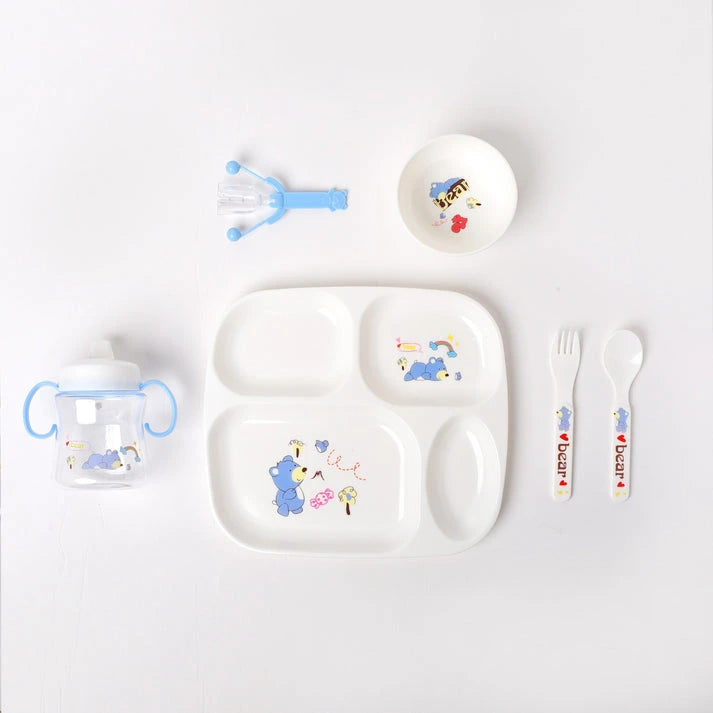 Blue and white 6-piece baby feeding set with bear design for everyday mealtimes
