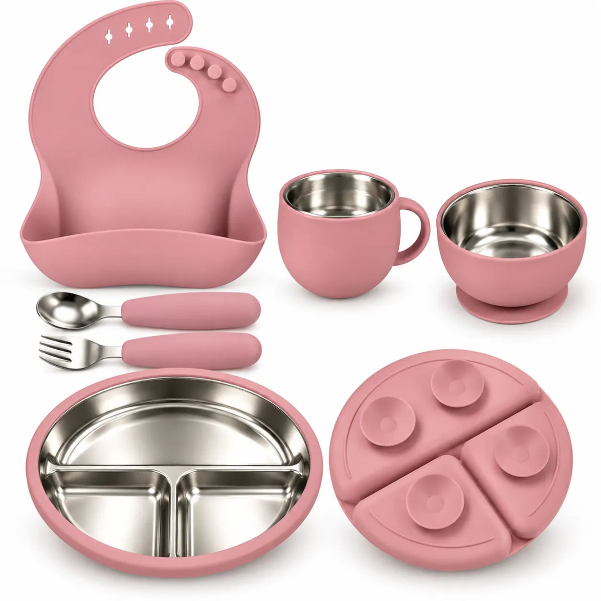 Light Maroon 6-piece baby feeding set with stainless steel utensils and removable silicone parts