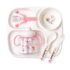 Pink 6-piece baby feeding set with rabbit design for mealtime and self-feeding
