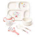 6-piece baby feeding set with plate, bowl, spoon, fork, sippy cup and straw bottle in pink rabbit design