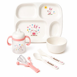 6-piece baby feeding set with plate, bowl, spoon, fork, sippy cup and straw bottle in pink rabbit design